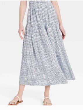 Universal Thread Women’s Tiered Maxi A-Line Skirt- Blue Gingham (Size Medium)